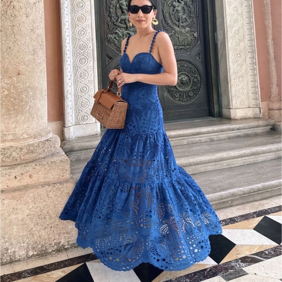 Farm Rio size M eyelet Palm Tree Richelieu Lace Sweetheart Midi Dress - Picture 2 of 9